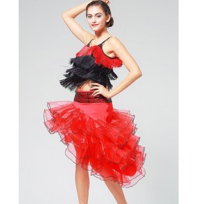 Black red patchwork women's ladies fringes female strap competition performance latin salsa cha cha dance dresses sets